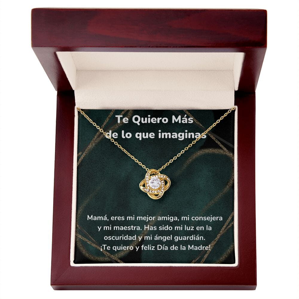 Te Quiero Más de lo que imaginas. Collar Para Mamá Nudo de Amor (LoveKnot) Jewelry/LoveKnot Acabado en Oro Amarillo de 18 quilates Caja de Lujo Madera Con Luz led 