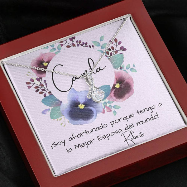 Tengo a la mejor esposa del mundo - Collar Lazo con piedra. Jewelry Caja de Madera con Luz Mahohany 