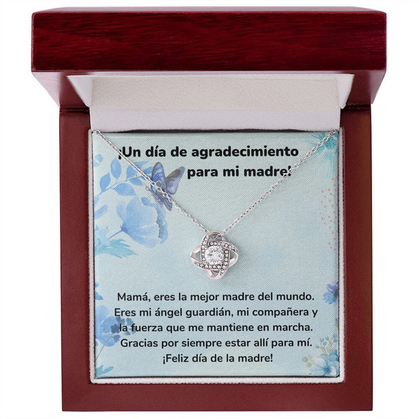 ¡Un día de agradecimiento para mi madre! Collar Para Mamá Nudo de Amor (LoveKnot) Jewelry/LoveKnot Acabado en oro blanco de 14 k Caja de Lujo Madera Con Luz led 