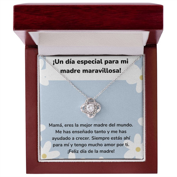 ¡Un día especial para mi madre maravillosa! Collar Para Mamá Nudo de Amor (LoveKnot) Jewelry/LoveKnot Acabado en oro blanco de 14 k Caja de Lujo Madera Con Luz led 