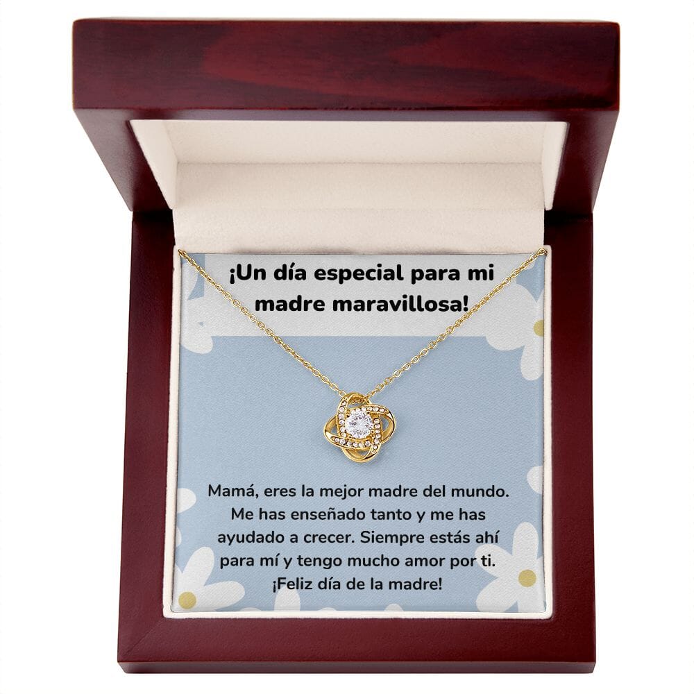 ¡Un día especial para mi madre maravillosa! Collar Para Mamá Nudo de Amor (LoveKnot) Jewelry/LoveKnot Acabado en Oro Amarillo de 18 quilates Caja de Lujo Madera Con Luz led 