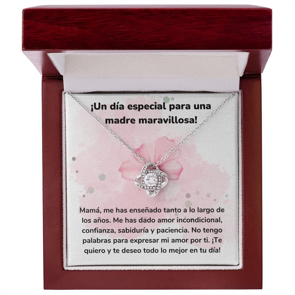¡Un día especial para una madre maravillosa! Collar Para Mamá Nudo de Amor (LoveKnot) Jewelry/LoveKnot Acabado en oro blanco de 14 k Caja de Lujo Madera Con Luz led 