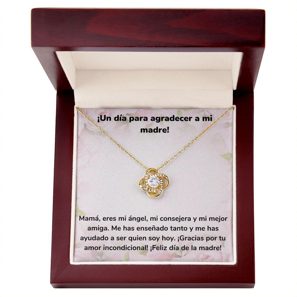 ¡Un día para agradecer a mi madre! Collar Para Mamá Nudo de Amor (LoveKnot) Jewelry/LoveKnot Acabado en Oro Amarillo de 18 quilates Caja de Lujo Madera Con Luz led 