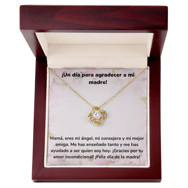 ¡Un día para agradecer a mi madre! Collar Para Mamá Nudo de Amor (LoveKnot) Jewelry/LoveKnot Acabado en Oro Amarillo de 18 quilates Caja de Lujo Madera Con Luz led 
