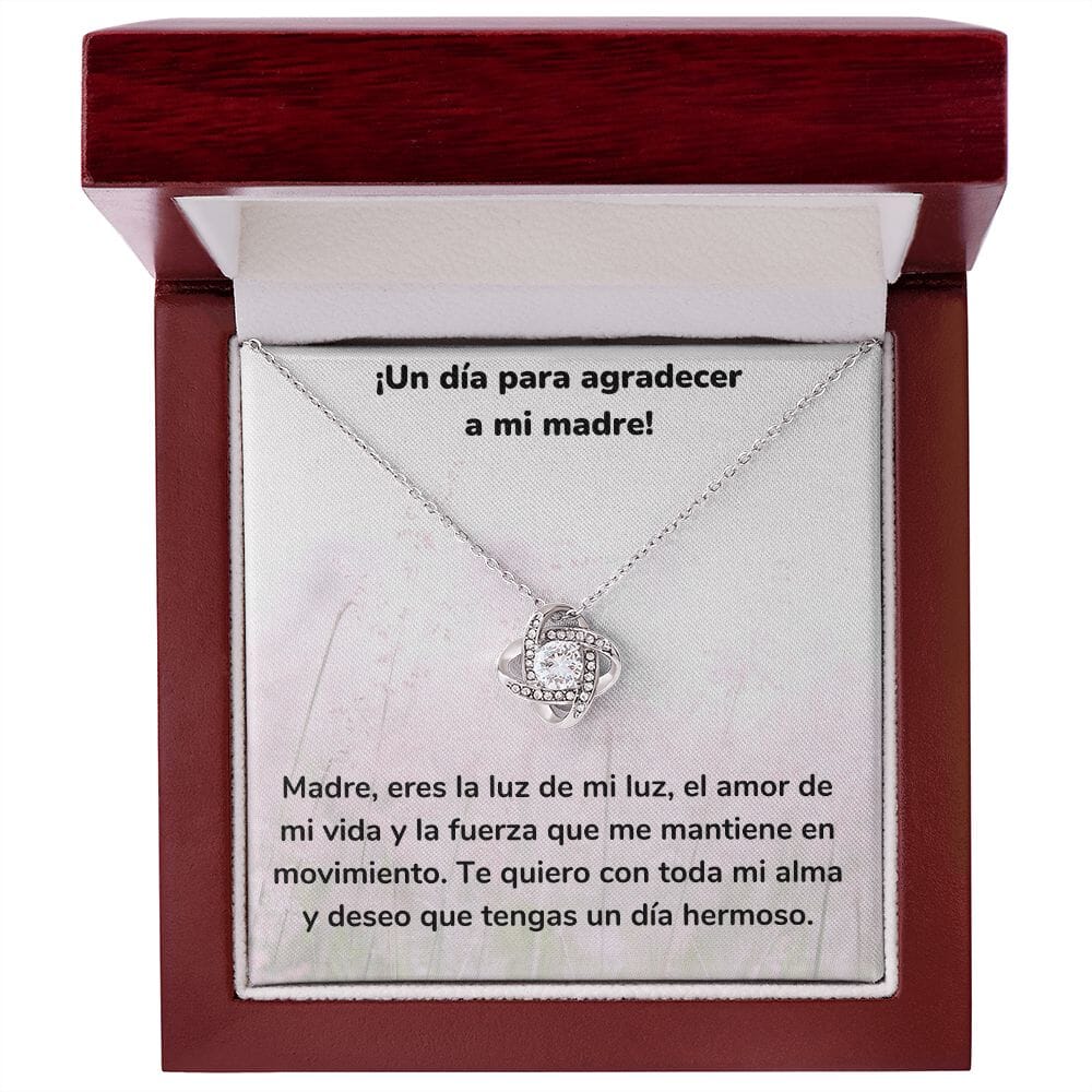 ¡Un día para agradecer a mi madre! Collar Para Mamá Nudo de Amor (LoveKnot) Jewelry/LoveKnot Acabado en oro blanco de 14 k Caja de Lujo Madera Con Luz led 