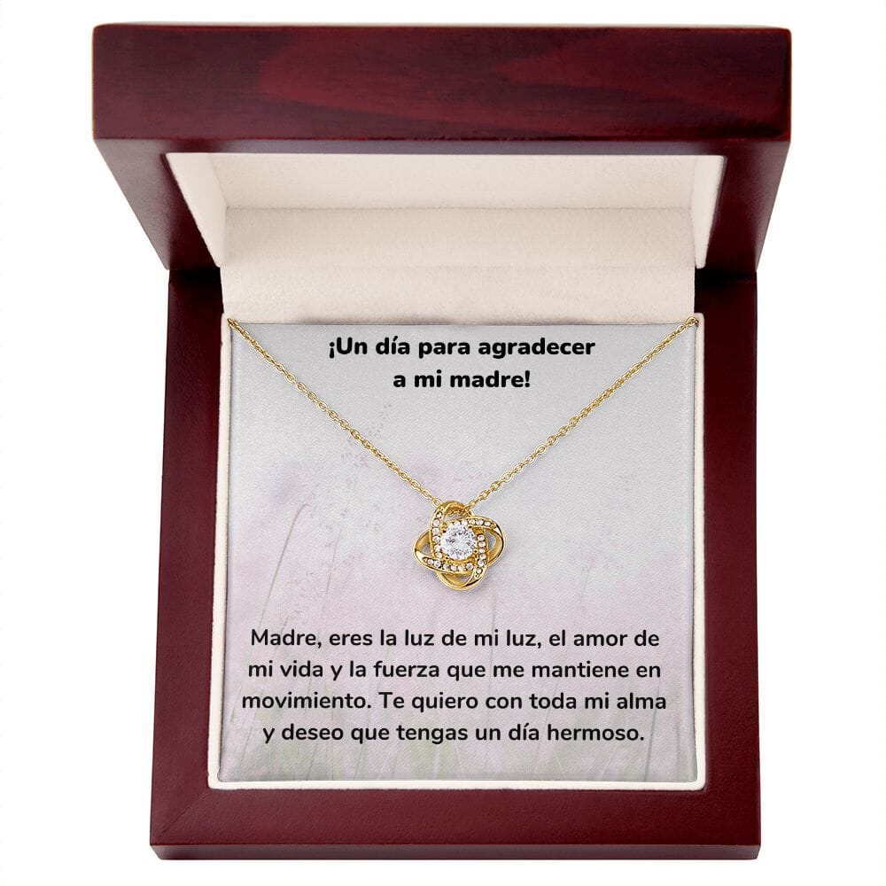 ¡Un día para agradecer a mi madre! Collar Para Mamá Nudo de Amor (LoveKnot) Jewelry/LoveKnot Acabado en Oro Amarillo de 18 quilates Caja de Lujo Madera Con Luz led 