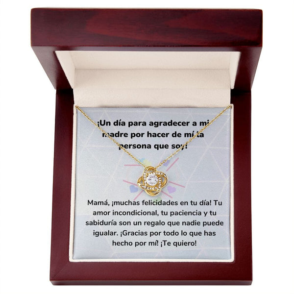 ¡Un día para agradecer a mi madre por hacer de mí la persona que soy! Collar Para Mamá Nudo de Amor (LoveKnot) Jewelry ShineOn Fulfillment Acabado en Oro Amarillo de 18 quilates Caja de Lujo Madera Con Luz led 