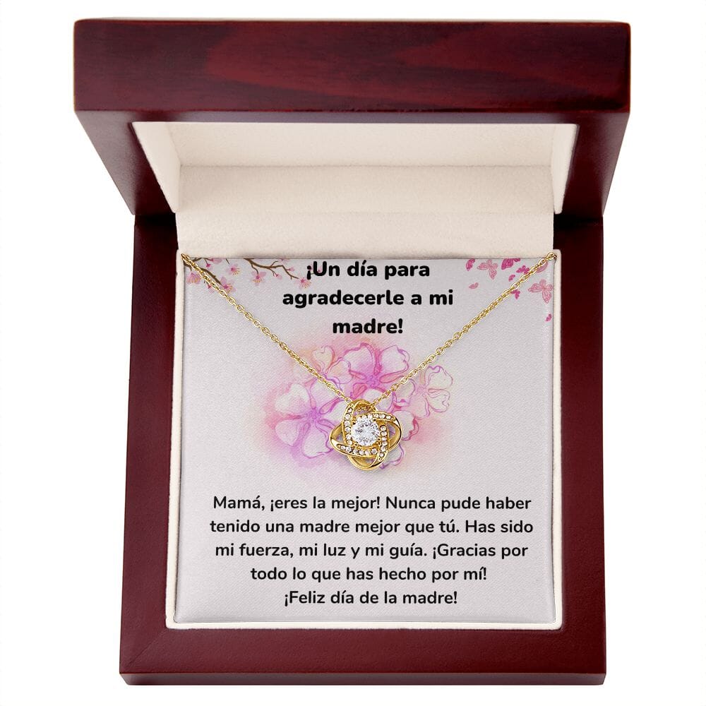 ¡Un día para agradecerle a mi madre! Collar Para Mamá Nudo de Amor (LoveKnot) Jewelry/LoveKnot Acabado en Oro Amarillo de 18 quilates Caja de Lujo Madera Con Luz led 
