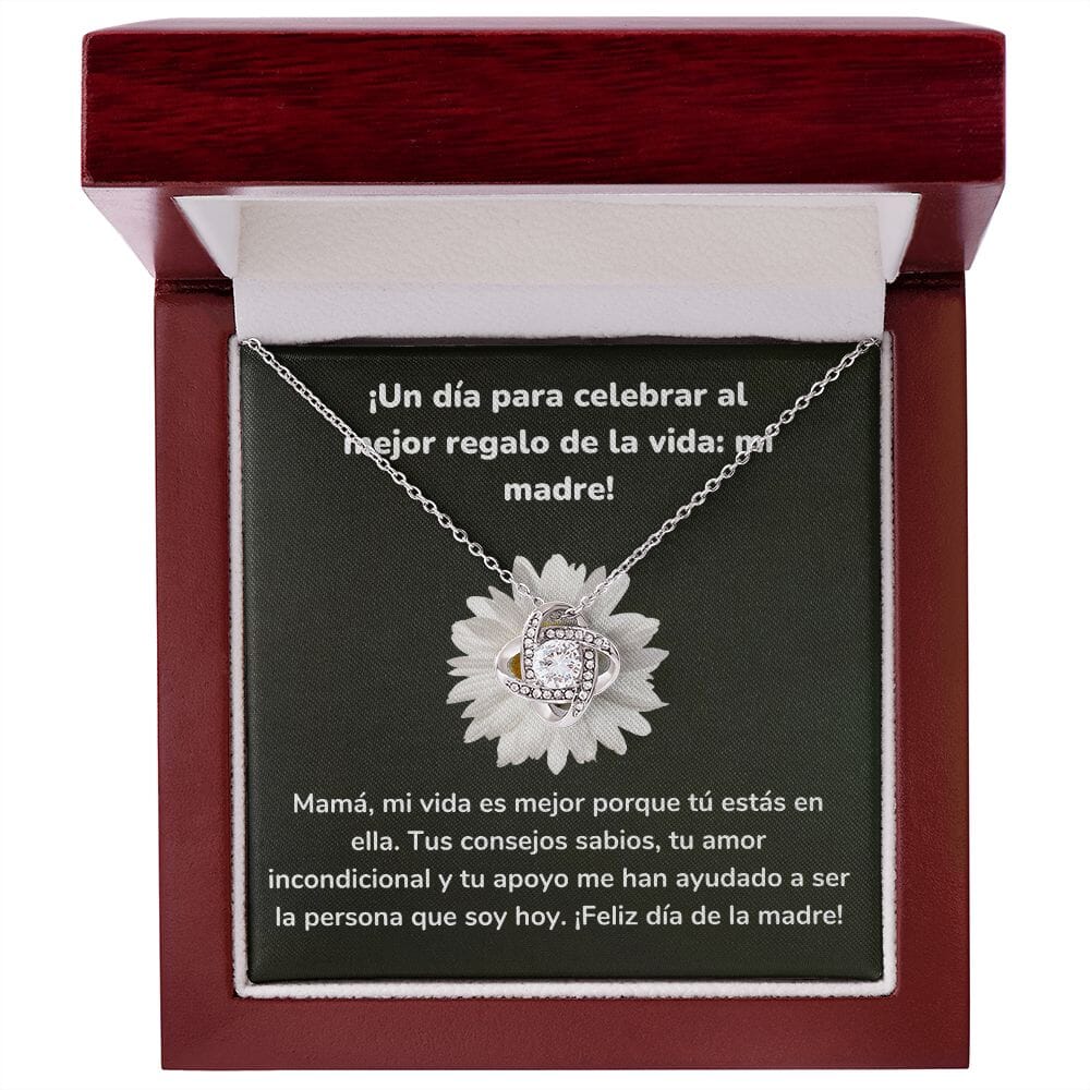 ¡Un día para celebrar al mejor regalo de la vida: mi madre! Collar Para Mamá Nudo de Amor (LoveKnot) Jewelry/LoveKnot Acabado en oro blanco de 14 k Caja de Lujo Madera Con Luz led 