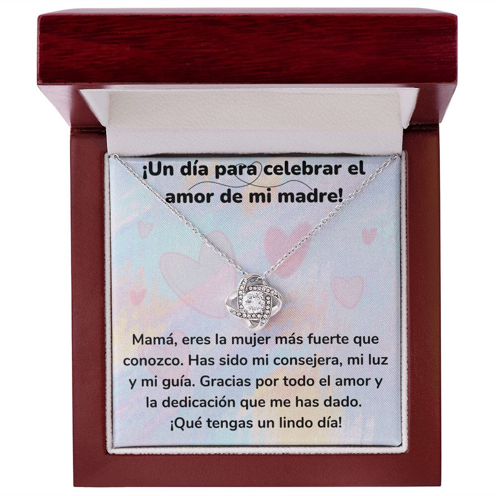 ¡Un día para celebrar el amor de mi madre! Collar Para Mamá Nudo de Amor (LoveKnot) Jewelry/LoveKnot Acabado en oro blanco de 14 k Caja de Lujo Madera Con Luz led 