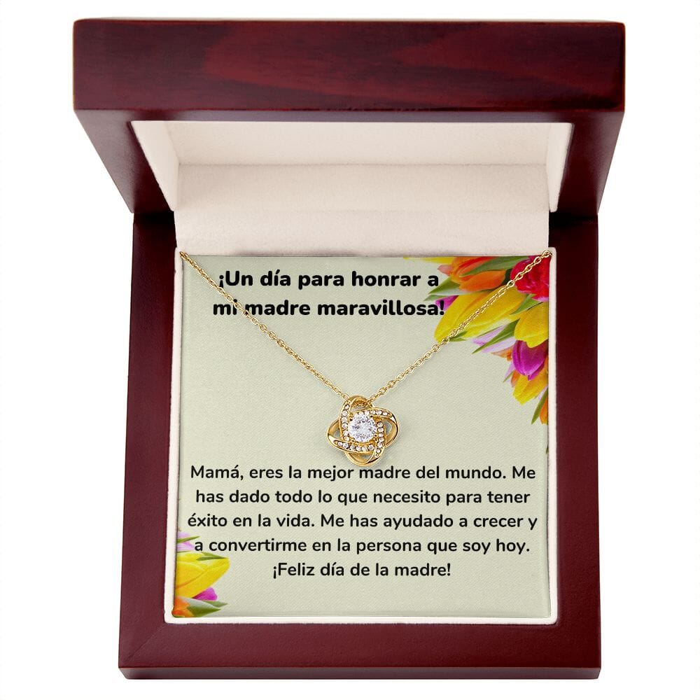 ¡Un día para honrar a mi madre maravillosa! Collar Para Mamá Nudo de Amor (LoveKnot) Jewelry/LoveKnot Acabado en Oro Amarillo de 18 quilates Caja de Lujo Madera Con Luz led 
