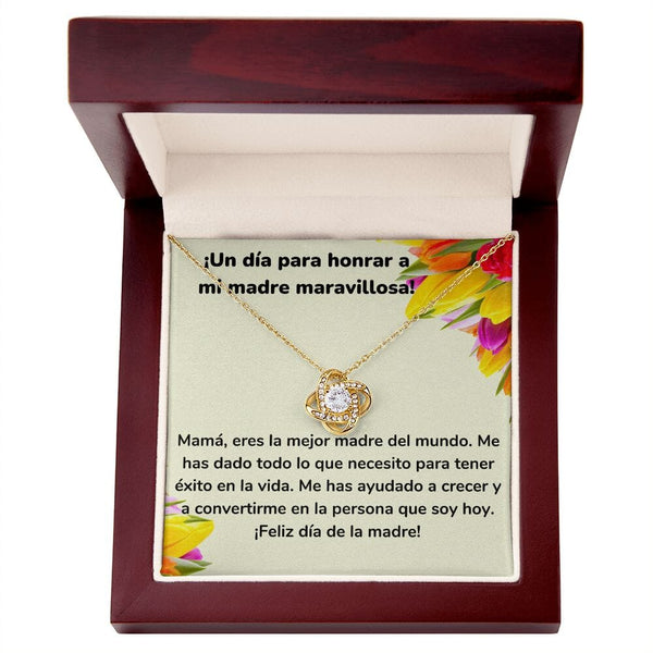 ¡Un día para honrar a mi madre maravillosa! Collar Para Mamá Nudo de Amor (LoveKnot) Jewelry/LoveKnot Acabado en Oro Amarillo de 18 quilates Caja de Lujo Madera Con Luz led 