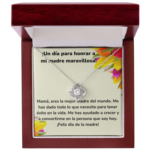 ¡Un día para honrar a mi madre maravillosa! Collar Para Mamá Nudo de Amor (LoveKnot) Jewelry/LoveKnot Acabado en oro blanco de 14 k Caja de Lujo Madera Con Luz led 