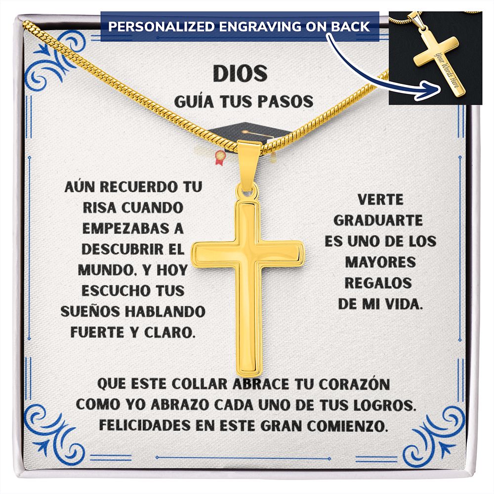 Un Nuevo Comienzo Bajo la Guía de Dios – Cruz Personalizada de Graduación Jewelry Caja Estándar 18K Yellow Gold Finish 