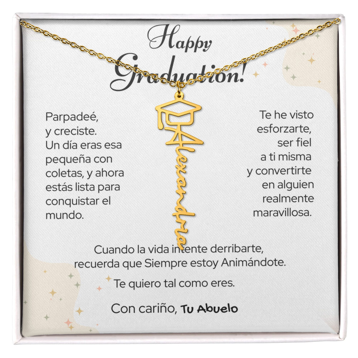 Un Recuerdo para Toda la Vida – Collar de Graduación Personalizado con Nombre (Para: Nieta, Hija, Sobrina, Hermana, Prima, Amiga) Jewelry/NameNecklaceHeart Acabado en Oro Amarillo de 18 quilates Caja de regalo incluida 