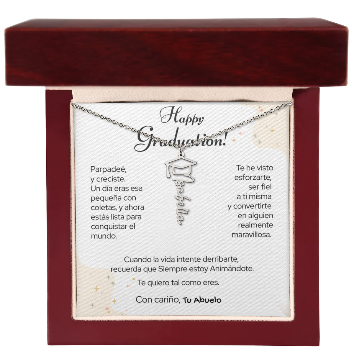 Un Recuerdo para Toda la Vida – Collar de Graduación Personalizado con Nombre (Para: Nieta, Hija, Sobrina, Hermana, Prima, Amiga) Jewelry/NameNecklaceHeart Acero inoxidable pulido Caja de Lujo de madera Mahogany con luz LED 