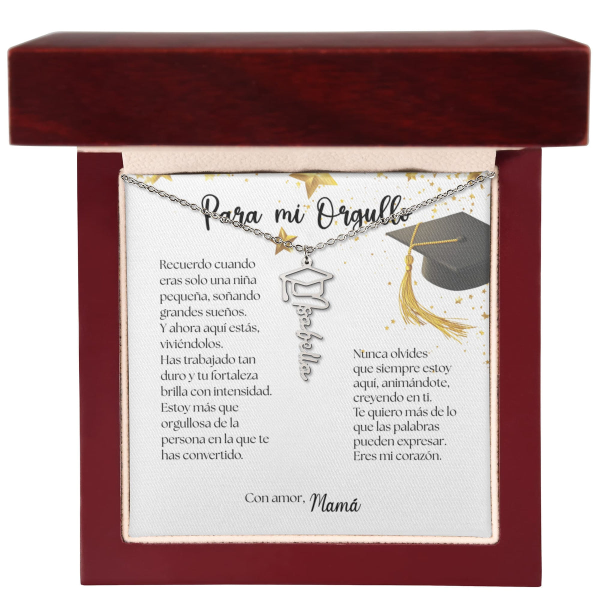 Un Recuerdo que Dura para Siempre - Regalo para Graduación Personalizado Jewelry/NameNecklace Acero inoxidable pulido Caja de Lujo de madera Mahoganny con luz LED 