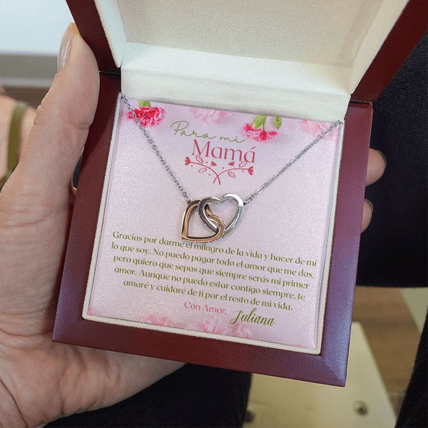 Un Regalo Inolvidable para Mamá - Collar Corazones Entrelazados con tarjeta personalizada Jewelry ShineOn Fulfillment Acero Inoxidable Pulido &amp; Acabado en Oro Rosa. Luxury Box 