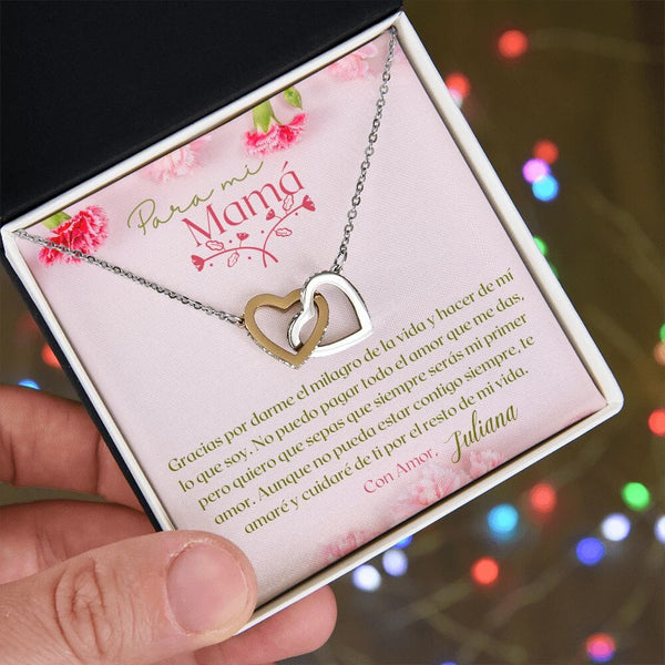 Un Regalo Inolvidable para Mamá - Collar Corazones Entrelazados con tarjeta personalizada Jewelry/InterlockingHearts Acero Inoxidable Pulido &amp; Acabado en Oro Rosa. Standard Box 