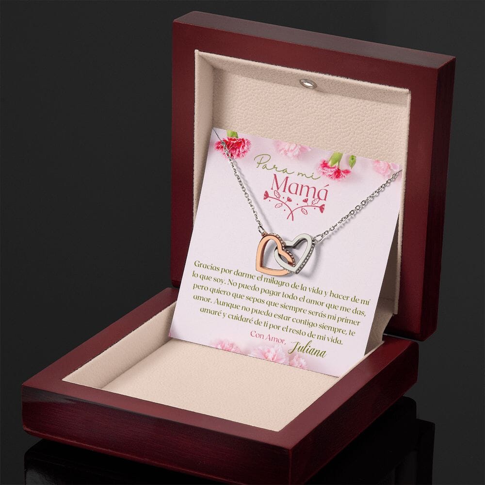 Un Regalo Inolvidable para Mamá - Collar Corazones Entrelazados con tarjeta personalizada Jewelry ShineOn Fulfillment Acero Inoxidable Pulido &amp; Acabado en Oro Rosa. Standard Box 