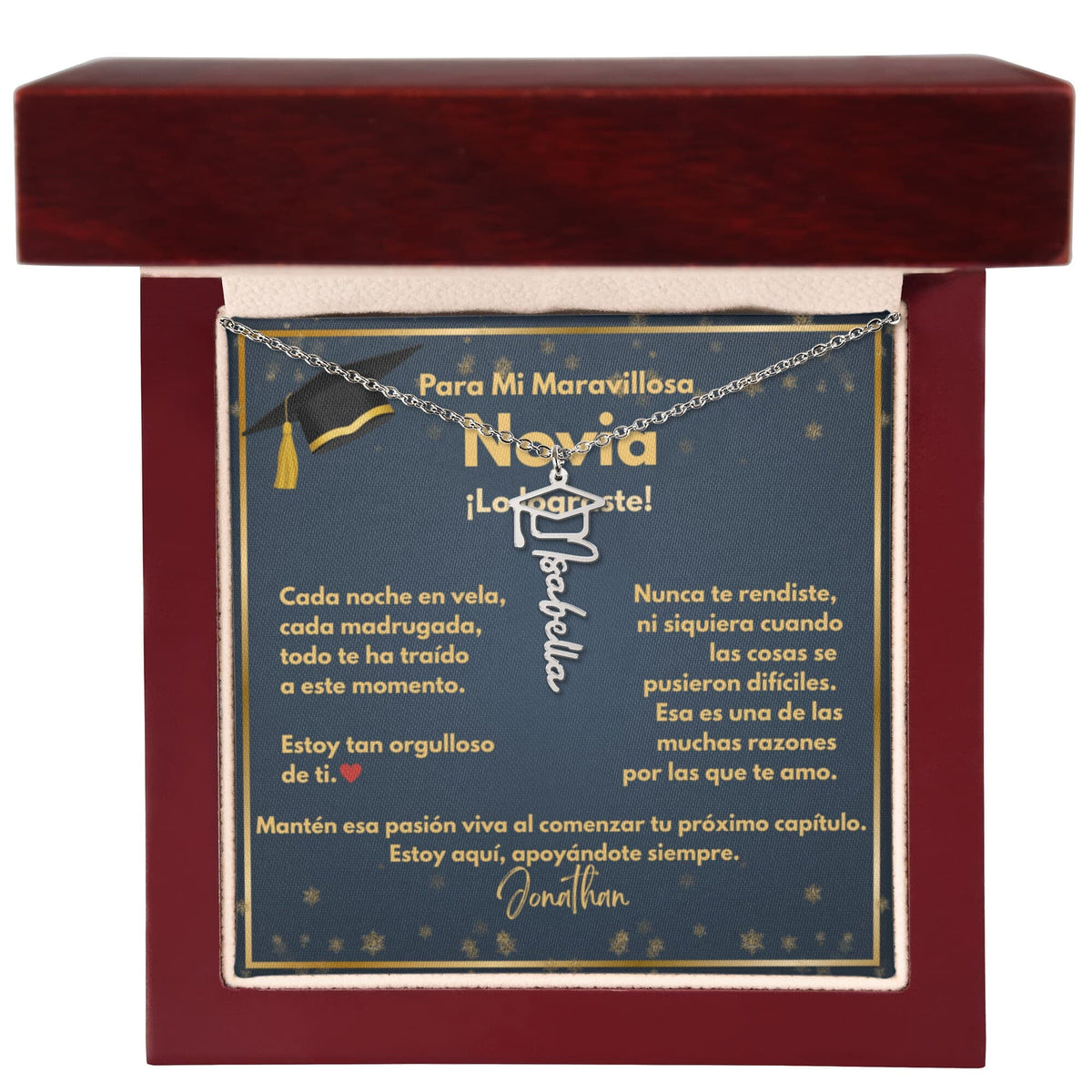 Un Regalo para Atesorar - Collar de Graduación para Novia con Tarjeta de Mensaje Jewelry/NameNecklace Acero inoxidable pulido Caja de Lujo de Madera Mahogany con luz LED 