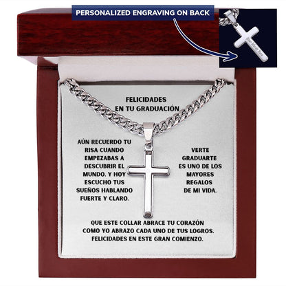 Un Símbolo de Fe y Orgullo en Tu Graduación – Cruz Personalizada con Cadena de Enlace Cubana. Jewelry Caja de Lujo Mahogany con luz Led Polished Stainless Steel 