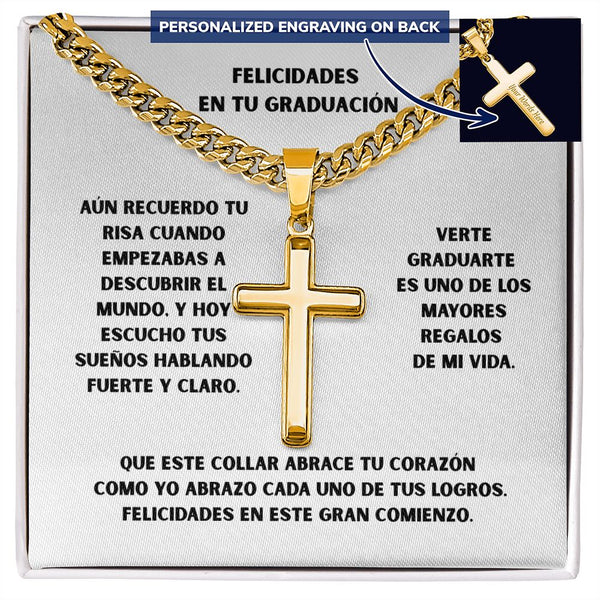 Un Símbolo de Fe y Orgullo en Tu Graduación – Cruz Personalizada con Cadena de Enlace Cubana. Jewelry Caja Estándar 18K Yellow Gold Finish 