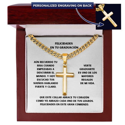 Un Símbolo de Fe y Orgullo en Tu Graduación – Cruz Personalizada con Cadena de Enlace Cubana. Jewelry Caja de Lujo Mahogany con luz Led 18K Yellow Gold Finish 