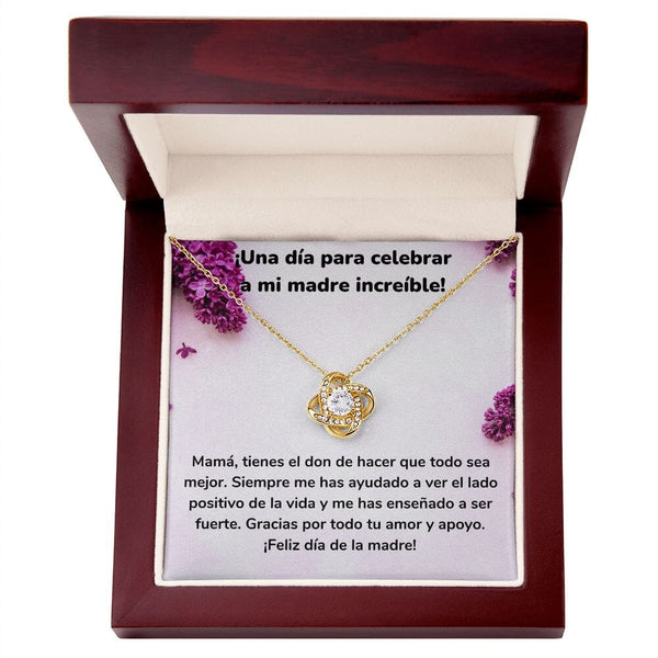 ¡Una día para celebrar a mi madre increíble! Collar Para Mamá Nudo de Amor (LoveKnot) Jewelry ShineOn Fulfillment Acabado en Oro Amarillo de 18 quilates Caja de Lujo Madera Con Luz led 