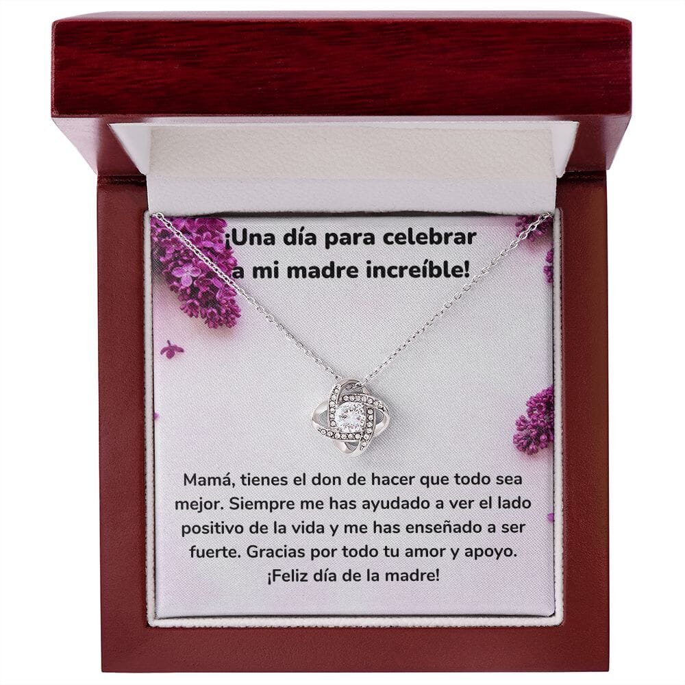 ¡Una día para celebrar a mi madre increíble! Collar Para Mamá Nudo de Amor (LoveKnot) Jewelry/LoveKnot Acabado en oro blanco de 14 k Caja de Lujo Madera Con Luz led 
