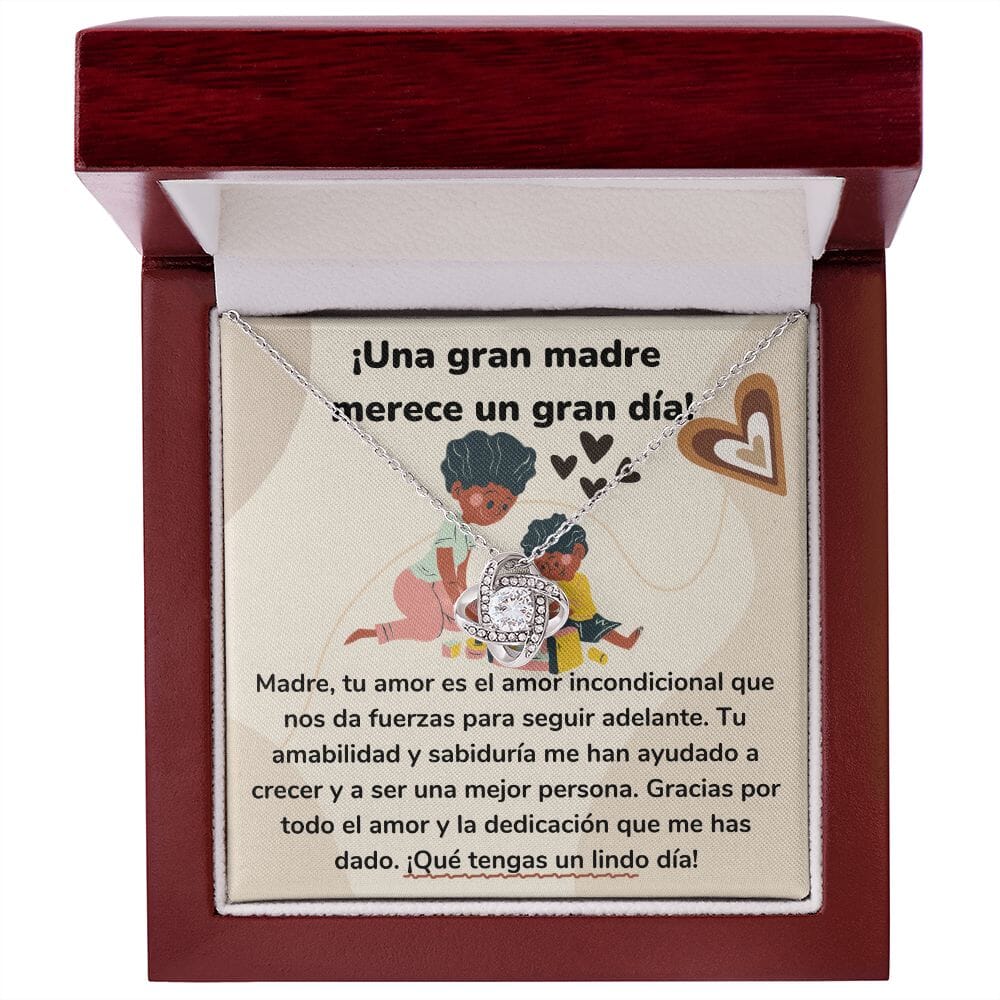 ¡Una gran madre merece un gran día! Collar Para Mamá Nudo de Amor (LoveKnot) Jewelry/LoveKnot Acabado en oro blanco de 14 k Caja de Lujo Madera Con Luz led 