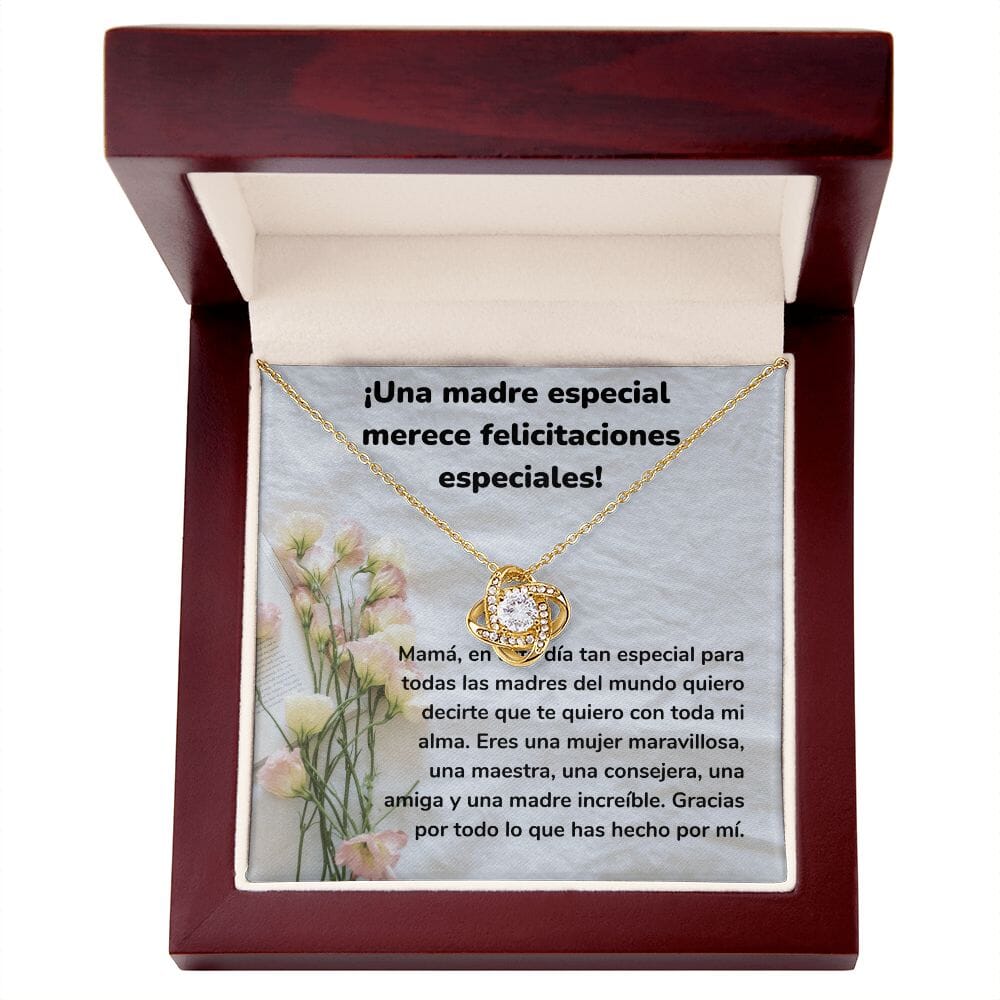 ¡Una madre especial merece felicitaciones especiales! Collar Para Mamá Nudo de Amor (LoveKnot) Jewelry/LoveKnot Acabado en Oro Amarillo de 18 quilates Caja de Lujo Madera Con Luz led 