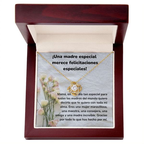 ¡Una madre especial merece felicitaciones especiales! Collar Para Mamá Nudo de Amor (LoveKnot) Jewelry/LoveKnot Acabado en Oro Amarillo de 18 quilates Caja de Lujo Madera Con Luz led 