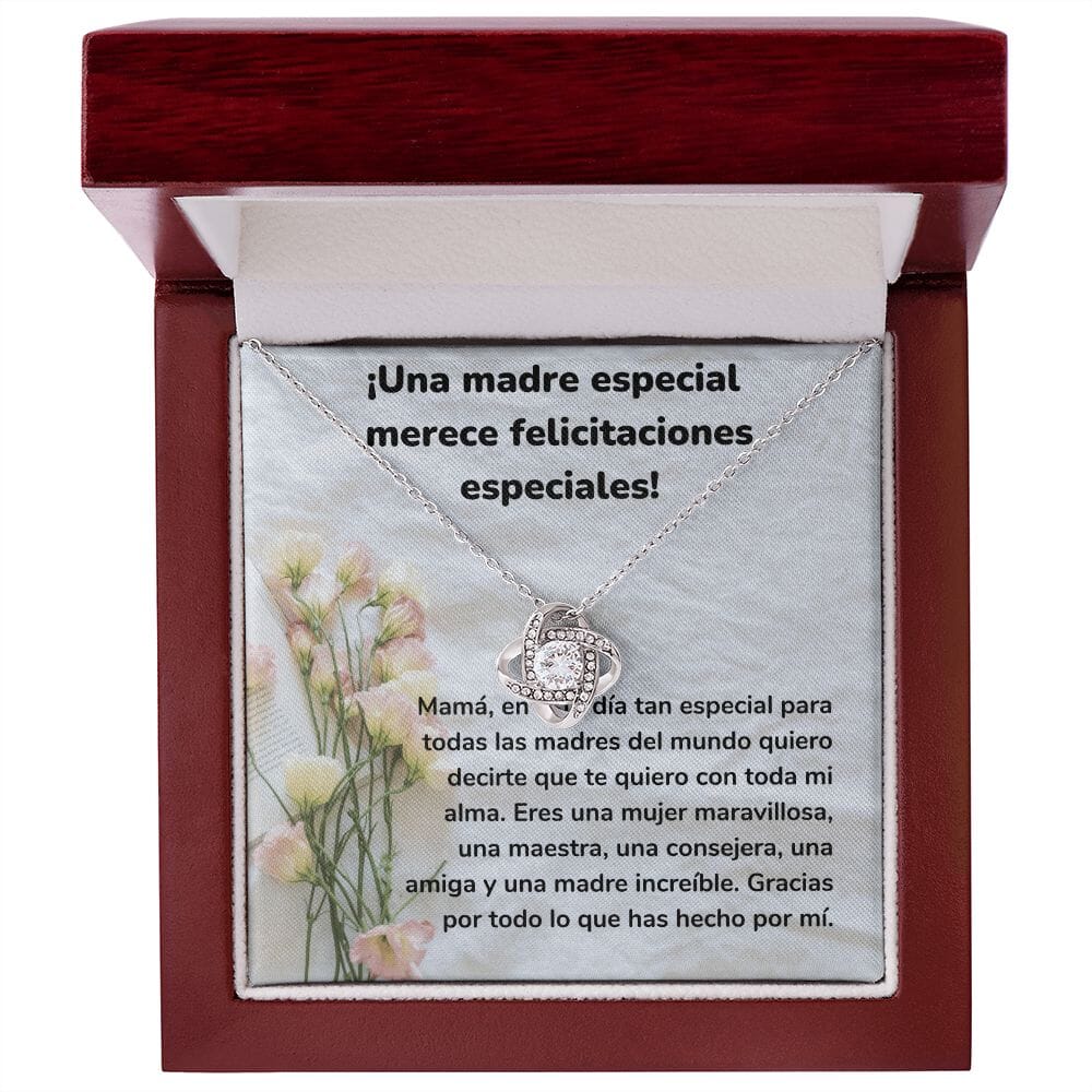 ¡Una madre especial merece felicitaciones especiales! Collar Para Mamá Nudo de Amor (LoveKnot) Jewelry/LoveKnot Acabado en oro blanco de 14 k Caja de Lujo Madera Con Luz led 