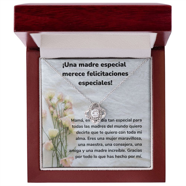 ¡Una madre especial merece felicitaciones especiales! Collar Para Mamá Nudo de Amor (LoveKnot) Jewelry/LoveKnot Acabado en oro blanco de 14 k Caja de Lujo Madera Con Luz led 