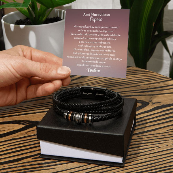 Verte graduar hoy hace que mi corazón se llene de orgullo. ¡Lo lograste!” – Pulsera de Cuero para Esposo con Tarjeta Personalizada de Graduación Jewelry/Watch 